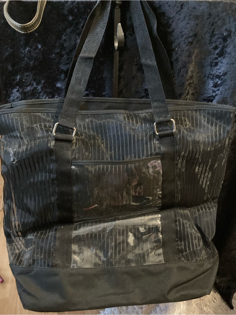 Black Mesh Pinstripe Beach Tote Bag Clear Front Pocket
